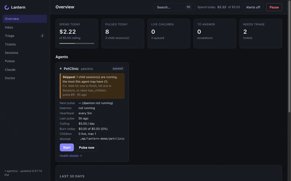 Lantern's local dashboard: triage, a bug fixed by an agent, its transcript, pulses and search